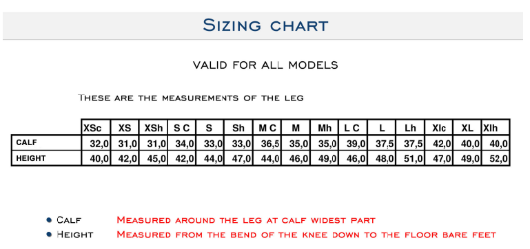 Half Chap Size Chart