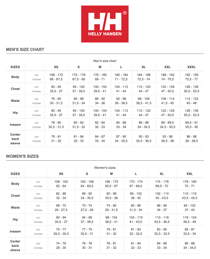 Helly Hansen Size Chart