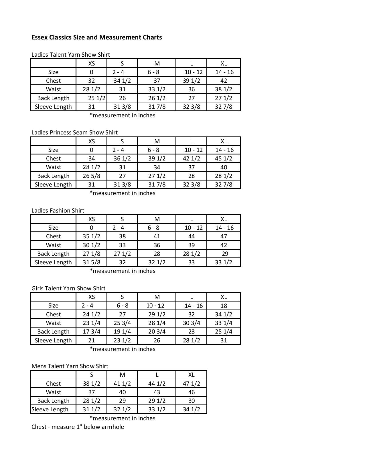 Beacon Hill Show Shirt Size Chart